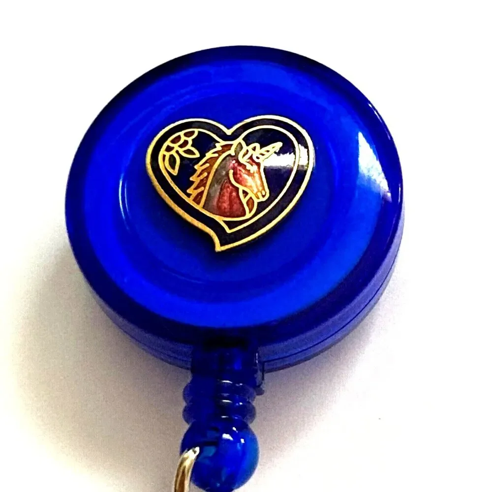 Vtg Unicorn Cloisonne Charm ID Badge Holder Lanyard Enamel Retractable Reel